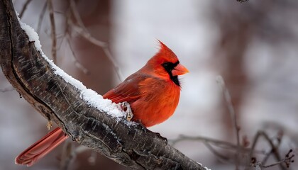 Northern Cardinal Perched on Snow-Covered Tree Branch in Winter