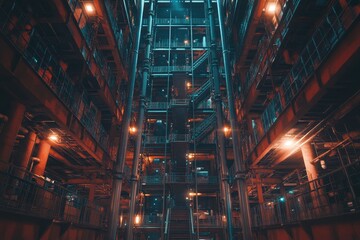 Fototapeta premium Towering Vertical Warehouse with Illuminated Stairs and Shelves