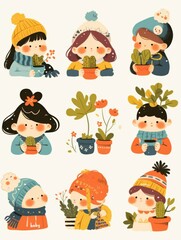 Fototapeta premium Whimsical Children's Book Icons: Bold Line Cartoon Characters