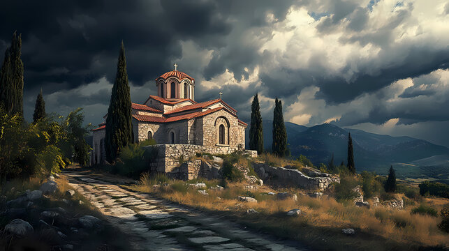 Unique architecture of church of agia foteini in mantineia, greece - a stunning blend of byzantine elements and unconventional design under dramatic dark cloud skies. Arcadia. Illustration