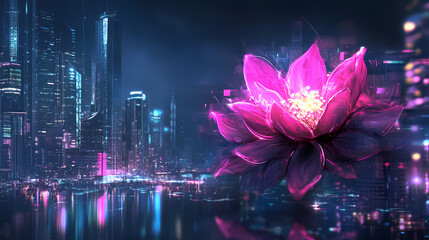 Urban digital flower glowing in night cityscape. Arcadia. Illustration
