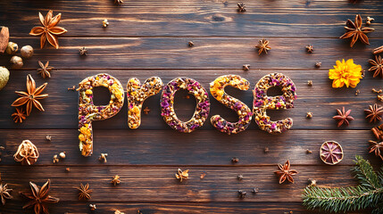 Colorful arrangement of dried flowers spelling prose
