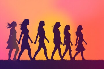 Fototapeta premium Silhouettes of young women walking at sunset with vibrant sky background