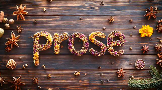 Colorful arrangement of dried flowers spelling prose