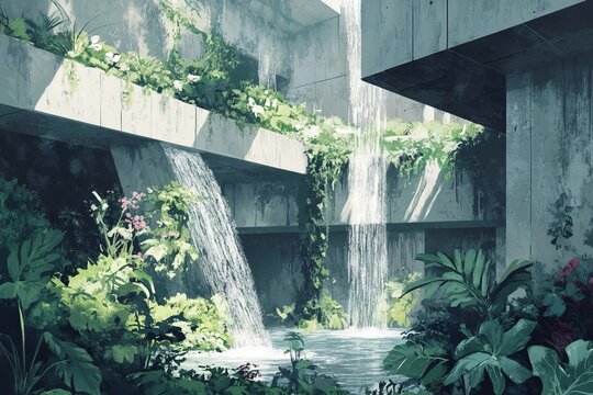 An artistic depiction of brutalist design, where the raw, stark aesthetics of concrete architecture are harmonized with natural elements, such as cascading waterfalls flowing seamlessly over the angul