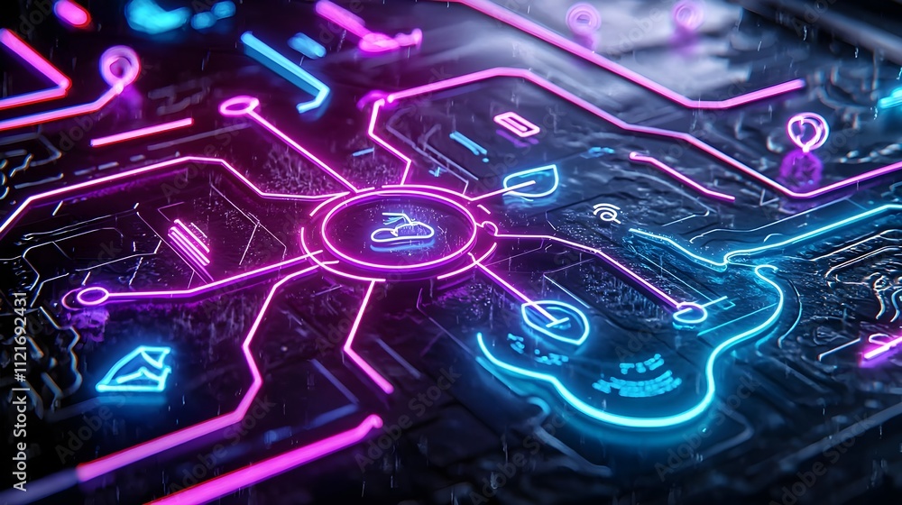 Poster futuristic cloud computing network: abstract neon circuit board design