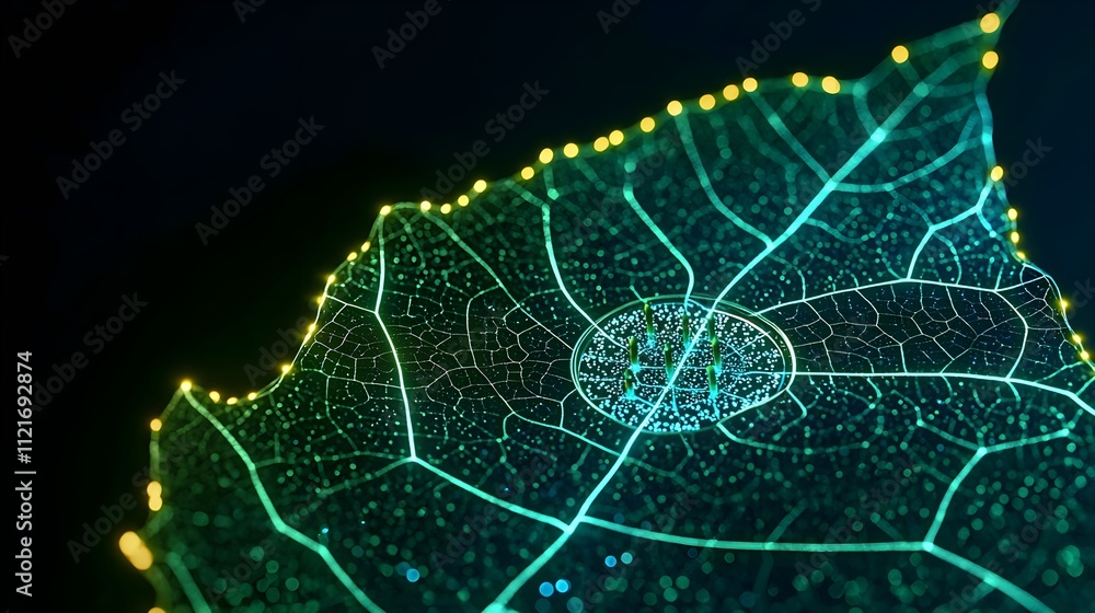 Poster futuristic leaf vein network with glowing data points - abstract technology and nature background
