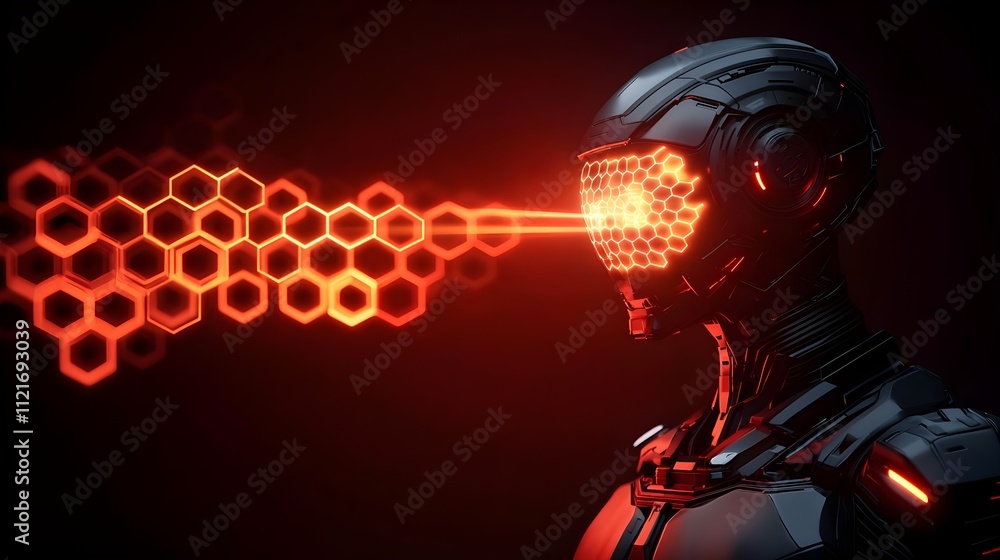 Poster futuristic robot head with hexagon data stream, ai concept, sci-fi technology
