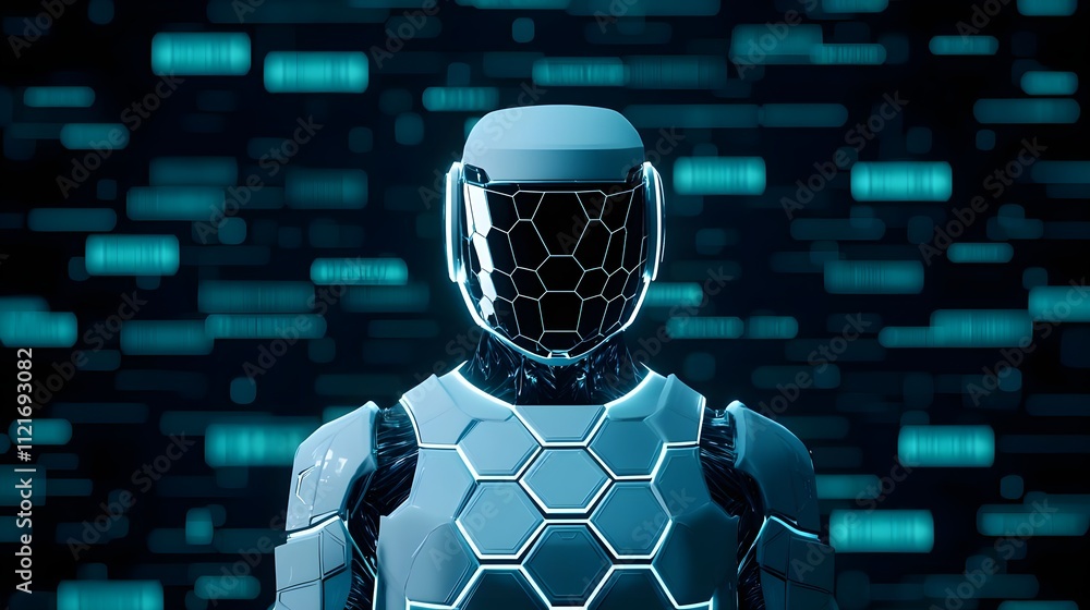 Aufkleber futuristic robot in hexagonal armor against teal digital background