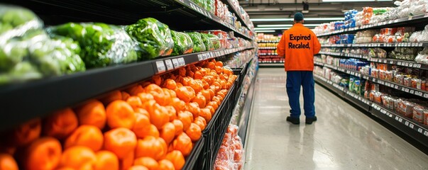 A grocery store aisle featuring vibrant produce, with a worker in an orange shirt attending to the shelves.