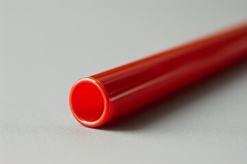 Close-up of a red cylindrical object, possibly a pen or marker, lying on a light gray surface.