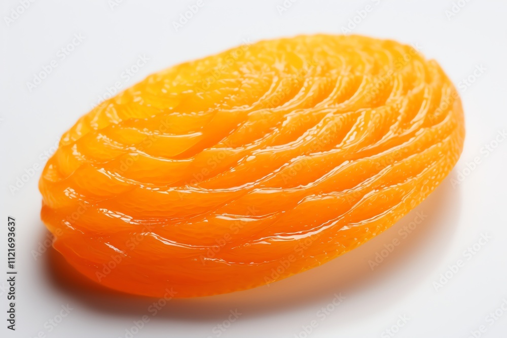 Poster close-up of a single, dried apricot with visible texture and swirling pattern.