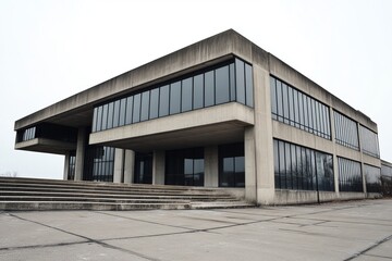 An industrial brutalist building with clean, angular lines and raw concrete.Raw concrete.Brutalist architecture.Brutalism art.Brutalist design.