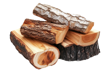 A pile of wood logs with some of them being split. on transparent background.