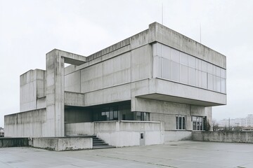 Brutalist architecture.Brutalism art.Brutalist design.Raw concrete.An industrial brutalist building with clean, angular lines and raw concrete
