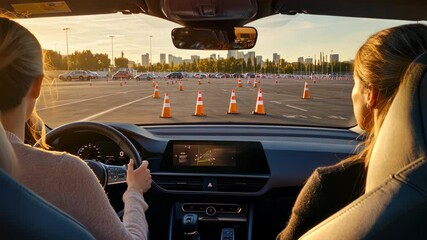Two women sit inside car, ready for a driving lesson or test. Traffic cones mark an open parking lot, training area. The dashboard displays essential information. Person learning to drive.