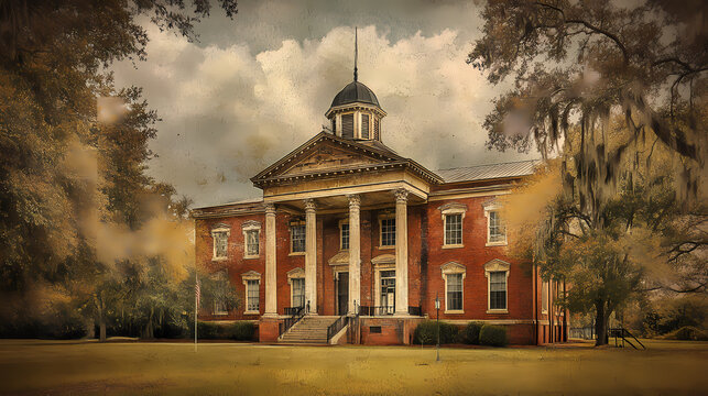 Vintage style photography of the historic de soto county courthouse in arcadia, florida, showcasing architectural details and timeless charm of a southern landmark. Arcadia. Illustration