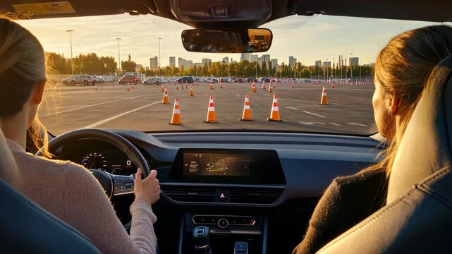 Two women sit inside car, ready for a driving lesson or test. Traffic cones mark an open parking lot, training area. The dashboard displays essential information. Person learning to drive.