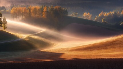 Golden sunrise, rolling hills, autumn trees, misty landscape.