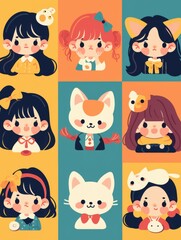 Whimsical Children's Book Icons: Bold Line Cartoon Characters