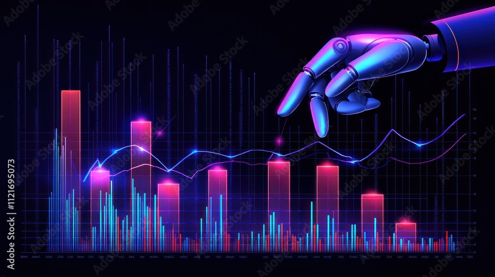 Poster ai-driven financial market analysis: robotic hand interacts with dynamic graphs showcasing market tr