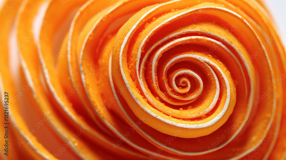 Poster close-up of an orange spiral structure with concentric circles and fine details.