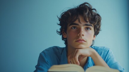 Schoolboy in a blue shirt sitting thoughtfully at the desk over a book, his chin resting on one hand, his eyes staring into the distance, solid background