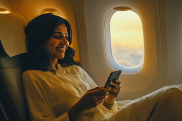 Portrait of a beautiful joyful smiling Indian woman of about 30 years sitting near the porthole on an airplane in his hands with a smartphone