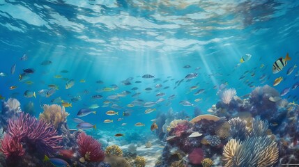 Fototapeta premium Vibrant Reef Fish Swim in Sunlit Ocean Water