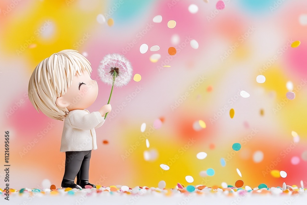 Aufkleber a vibrant image of a child blowing on a dandelion, with seeds floating away into the air under soft 