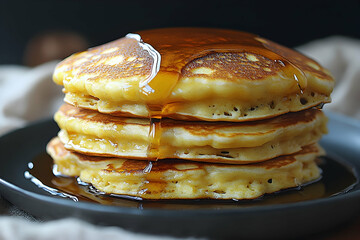 Stack of golden pancakes drizzled with maple syrup on a dark plate. (1)