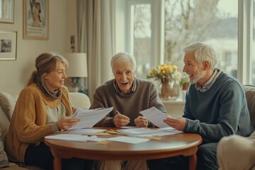Engaging financial discussion among seniors in cozy living room document review warm environment collaborative perspective community support