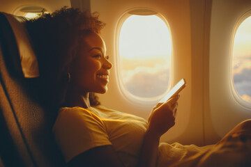 Portrait of a beautiful joyful smiling Chinese woman of about 30 years sitting near the porthole on an airplane in his hands with a smartphone