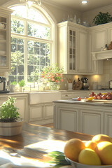 Sunlit kitchen interior with farmhouse style cabinets, large window, and fruit bowl.