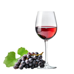 Elegant Red Wine Glass with Fresh Grapes and Green Leaves on a White Background Perfect for Culinary and Beverage Illustration