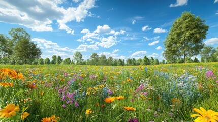 Vibrant wildflowers bloom in a sunny meadow under a blue sky with fluffy clouds and trees.