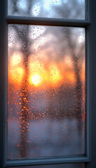 Sunset viewed through a rain-streaked windowpane.