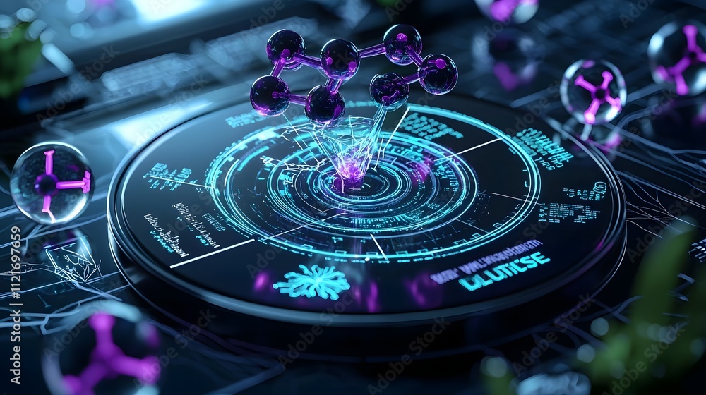 Poster molecular structure analysis on futuristic interface: science technology background