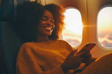 Portrait of a beautiful joyful smiling Afro-American woman of about 30 years sitting near the porthole on an airplane in his hands with a smartphone