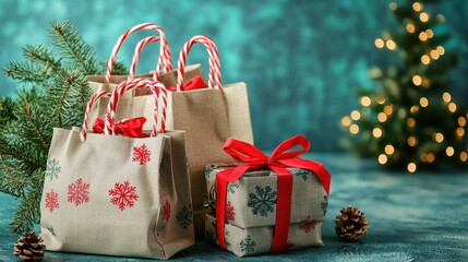Festive holiday scene featuring beautifully wrapped gifts and decorated bags, surrounded by pine and a glowing Christmas tree in the background.