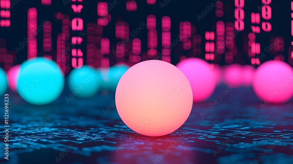 Poster neon sphere on circuit board with digital background: abstract technology concept