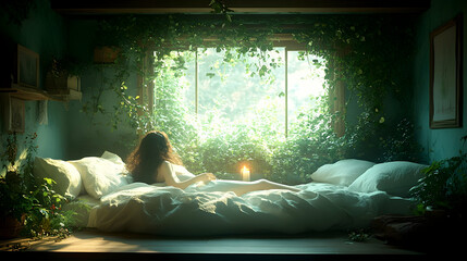 Woman waking up in a lush, plant-filled bedroom with sunlight streaming through a window.