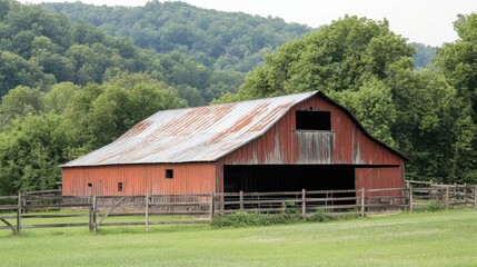 Fototapeta premium Rustic Barn Amidst Lush Greenery and Rolling Hills