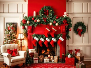 A cozy Christmas fireplace adorned with white and red decorations, including stockings, garland, and ornaments, classic, red, christmas