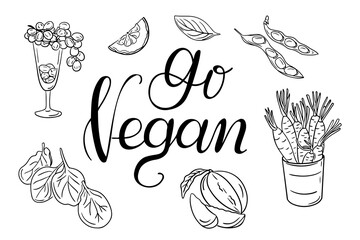 Black and white vegan illustration with calligraphic lettering Go Vegan surrounded by hand drawn doodle vegetables, fruits. Vector contour drawings isolated on white background