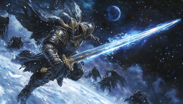 Fototapeta A fantasy video game-style warrior with blue and white armor, holding an ice sword