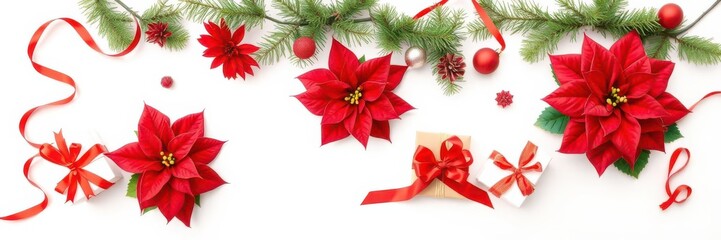 A festive arrangement of poinsettias wrapped as Christmas presents on a white background, December, colorful, Christmas