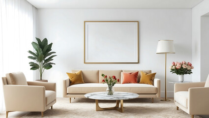 Mock up poster frame in modern interior with leather sofa and accessories in the room. Frame & poster mockup in Boho style interior. 3d illustration