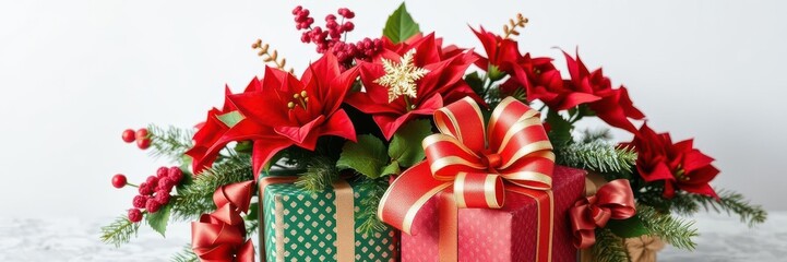 A festive arrangement of poinsettias wrapped as Christmas presents, traditional, plant, decoration