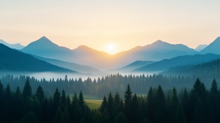 Obraz premium Serene Sunrise over Majestic Mountains Surrounded by Lush Green Forests and Soft Mist, Creating a Tranquil Nature Scene at Dawn in the Wilderness